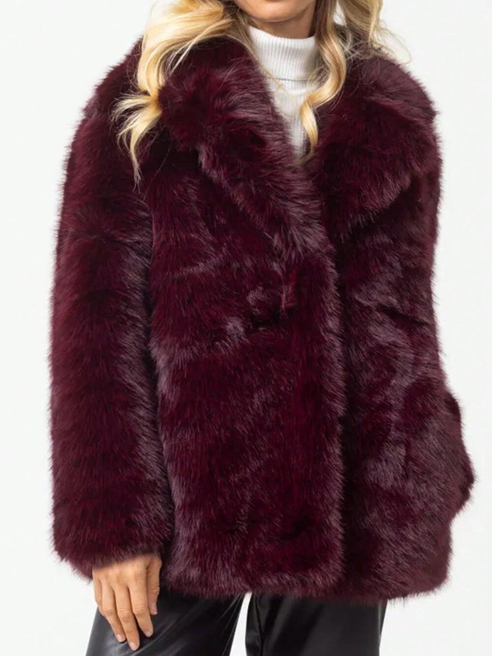Burgundy Casual Women's Faux Fur teddy Warm Oversize Lapel Coat - Picture 5 of 10